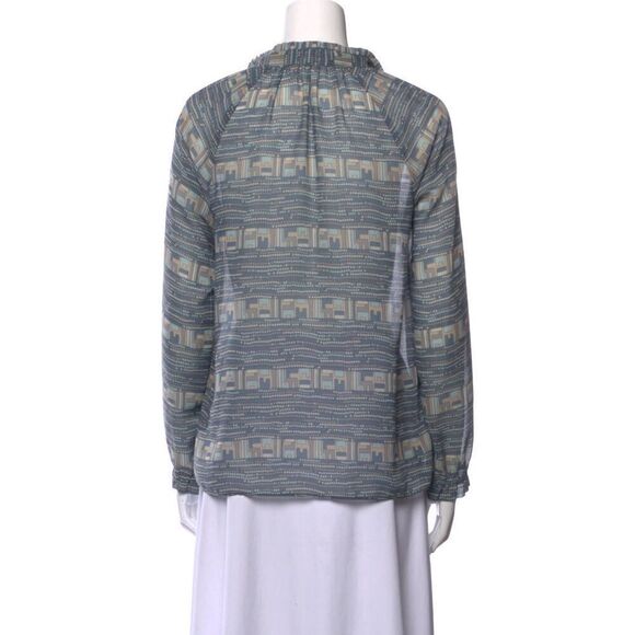 Calypso St Barth Ruffle Neck Popover Blouse Tie Neck  Mint / Beige Small‎ - Picture 3 of 15